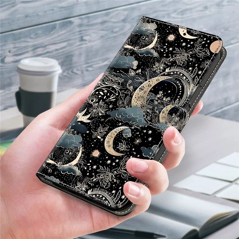 Fodral för Samsung Galaxy A15 4G/5G PU-läder Magnetisk spänne Stödfunktion Mönstertryckt mobilskal - Måne