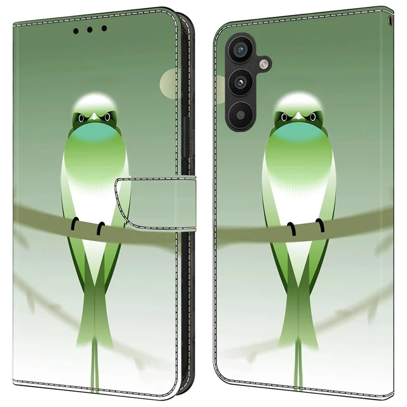 For Samsung Galaxy A15 4G / 5G Case PU Leather Magnetic Clasp Stand Function Phone Cover Pattern Printed - Green Bird