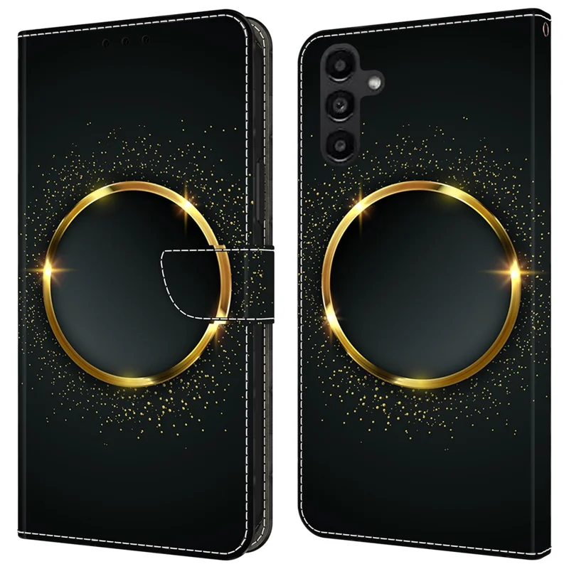 For Samsung Galaxy A24 4G (162.1 x 77.6 x 8.3mm) Case Pattern Print Leather Wallet Phone Cover - Gold Ring