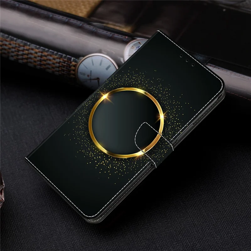 For Samsung Galaxy A24 4G (162.1 x 77.6 x 8.3mm) Case Pattern Print Leather Wallet Phone Cover - Gold Ring