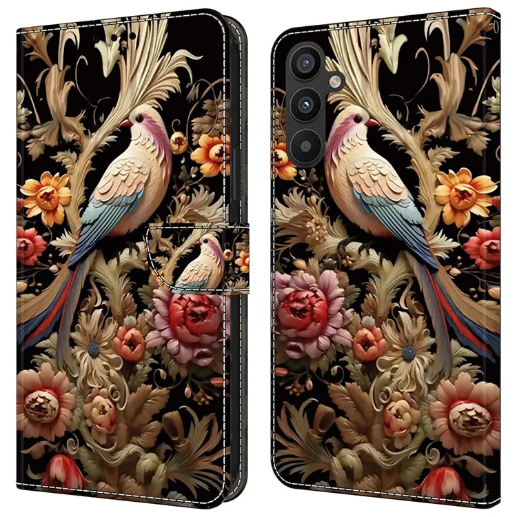Für Samsung Galaxy A25 5G (Global) (161,0 x 76,5 x 8,3 mm) Brieftasche Kratzer-beständige Ständer-Hülle - Vintage Blume und Vogel