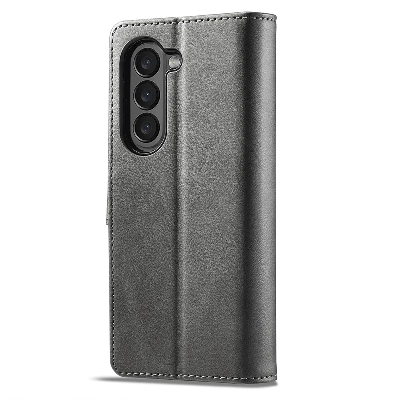 LC.IMEEKE لجهاز Samsung Galaxy Z Fold6 5G غطاء هاتف بملمس جلد العجل مع إبزيم مغناطيسي وحامل - رمادي