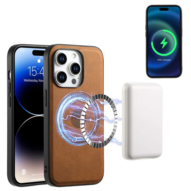 DENIOR A11 Für iPhone 15 Pro Hülle Leder beschichteter TPU+PC Magnetischer Fallschutz-Handyhülle - Braun