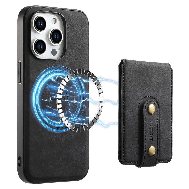DENIOR D14 For iPhone 15 Pro Card Bag Compatible with MagSafe Retro Texture PU+TPU+PC Phone Case - Black