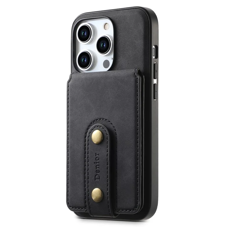 DENIOR D14 For iPhone 15 Pro Card Bag Compatible with MagSafe Retro Texture PU+TPU+PC Phone Case - Black