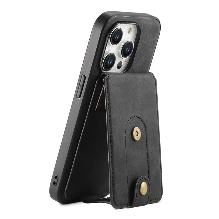 DENIOR D14 For iPhone 15 Pro Card Bag Compatible with MagSafe Retro Texture PU+TPU+PC Phone Case - Black