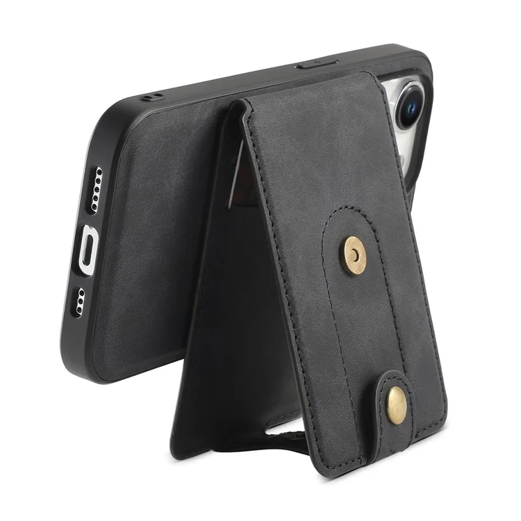 DENIOR D14 For iPhone 15 Pro Card Bag Compatible with MagSafe Retro Texture PU+TPU+PC Phone Case - Black