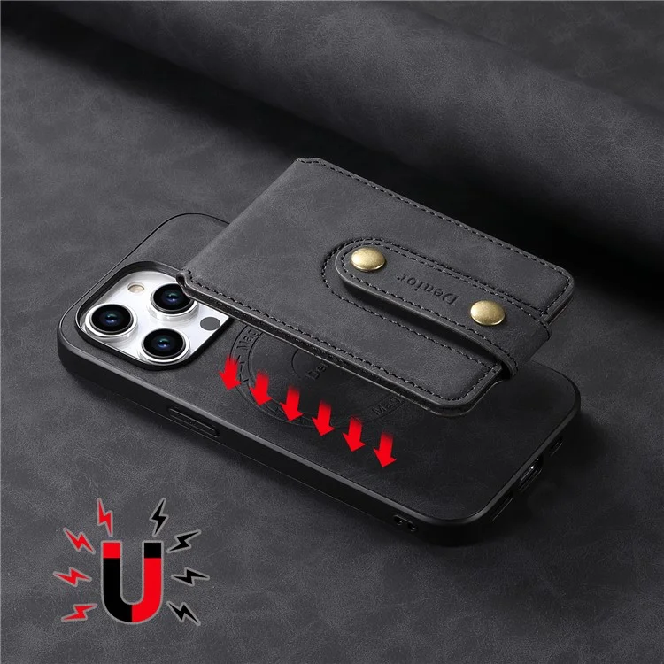 DENIOR D14 For iPhone 15 Pro Card Bag Compatible with MagSafe Retro Texture PU+TPU+PC Phone Case - Black