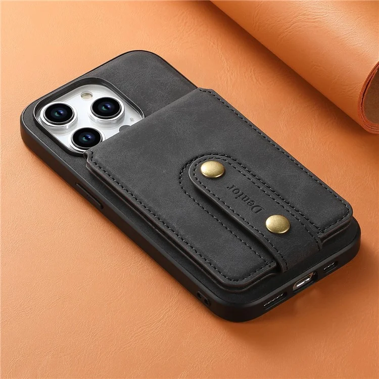 DENIOR D14 For iPhone 15 Pro Card Bag Compatible with MagSafe Retro Texture PU+TPU+PC Phone Case - Black