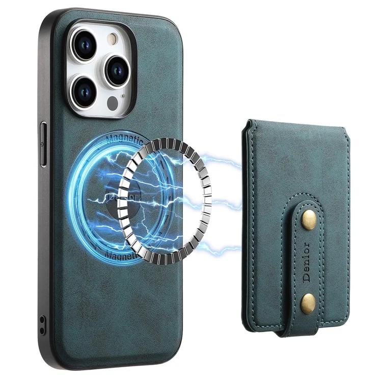 DENIOR D14 For iPhone 15 Pro Max Cover Retro Texture PU+TPU+PC Card Bag Phone Case Compatible with MagSafe - Blue