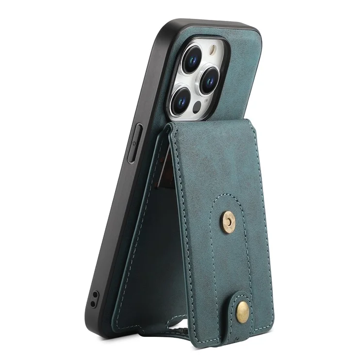 DENIOR D14 For iPhone 15 Pro Max Cover Retro Texture PU+TPU+PC Card Bag Phone Case Compatible with MagSafe - Blue