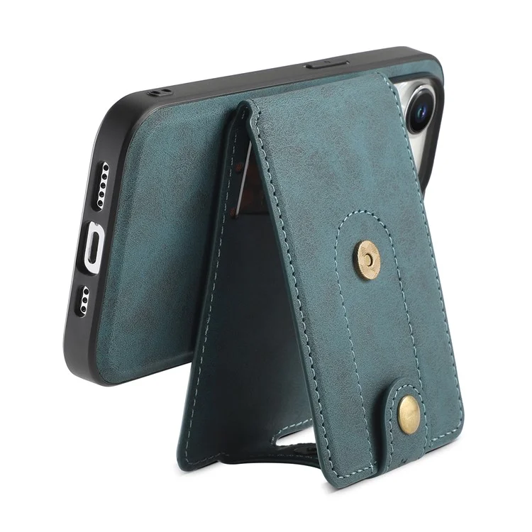 DENIOR D14 For iPhone 15 Pro Max Cover Retro Texture PU+TPU+PC Card Bag Phone Case Compatible with MagSafe - Blue