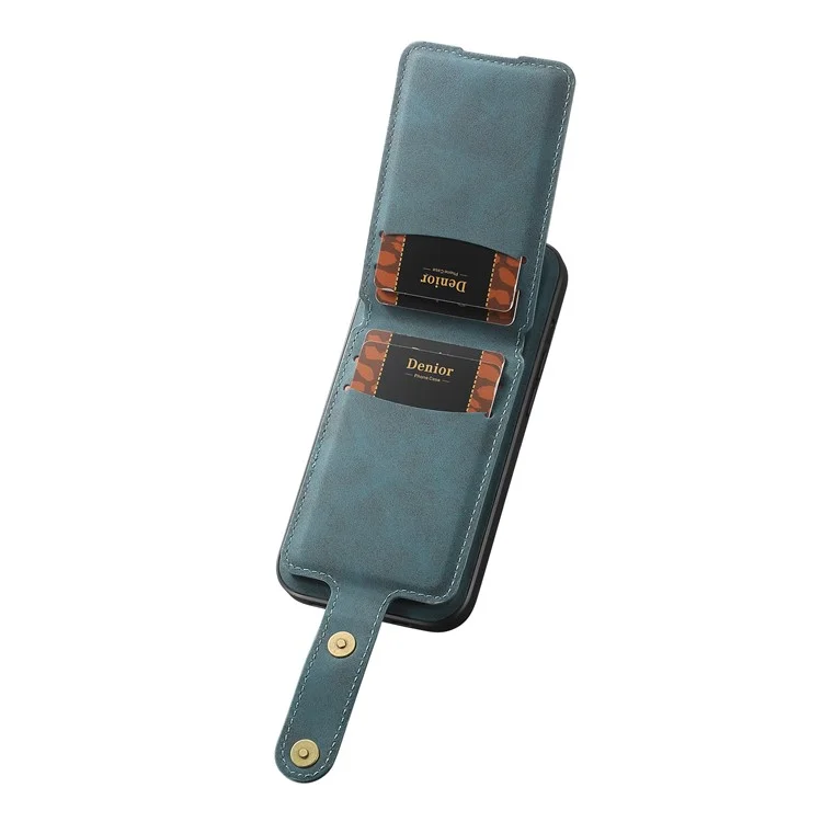 DENIOR D14 For iPhone 15 Pro Max Cover Retro Texture PU+TPU+PC Card Bag Phone Case Compatible with MagSafe - Blue