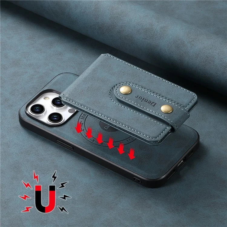 DENIOR D14 For iPhone 15 Pro Max Cover Retro Texture PU+TPU+PC Card Bag Phone Case Compatible with MagSafe - Blue