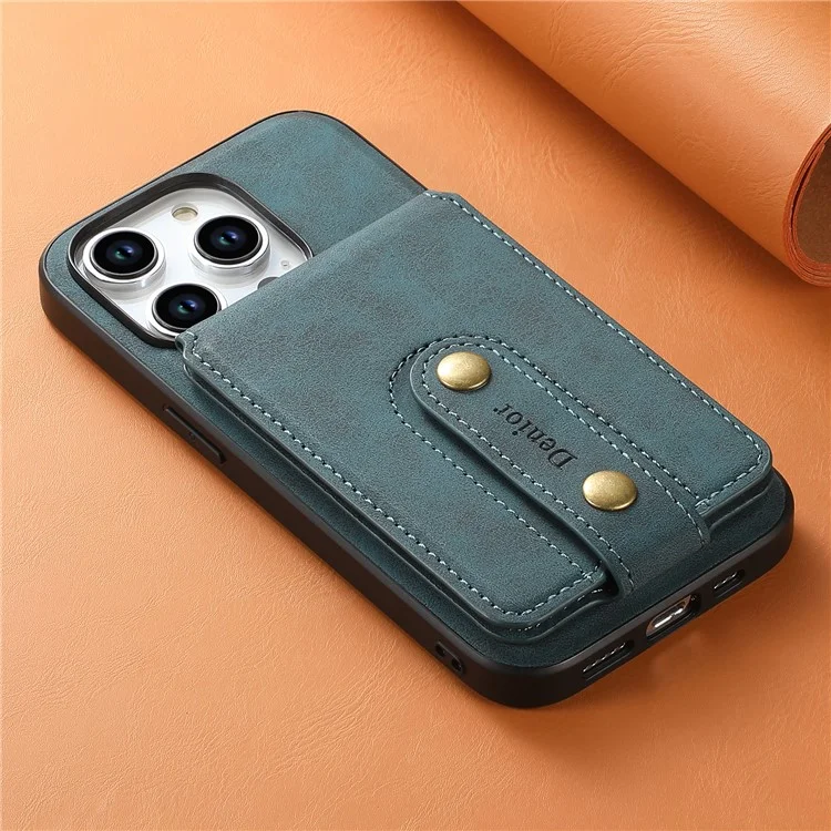 DENIOR D14 For iPhone 15 Pro Max Cover Retro Texture PU+TPU+PC Card Bag Phone Case Compatible with MagSafe - Blue