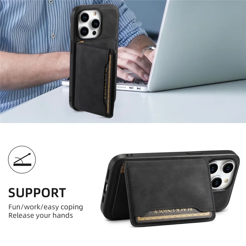 DENIOR D13 For iPhone 15 Pro Cases Leather+TPU+PC Phone Cover Compatible with Magsafe - Black