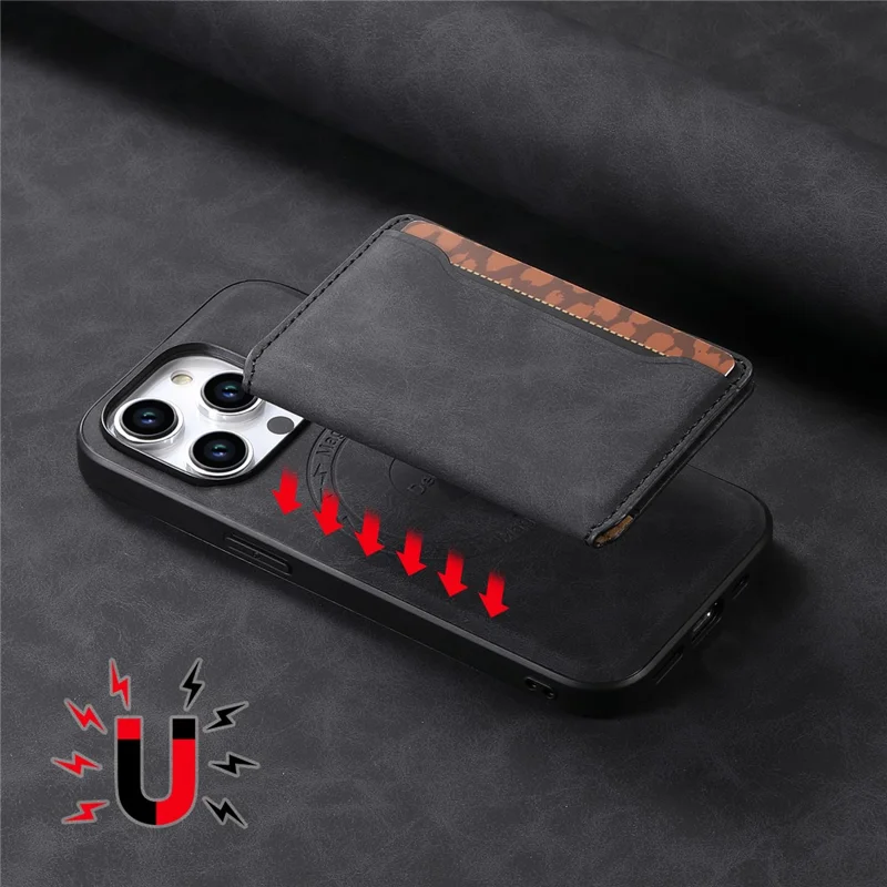 DENIOR D13 For iPhone 15 Pro Cases Leather+TPU+PC Phone Cover Compatible with Magsafe - Black