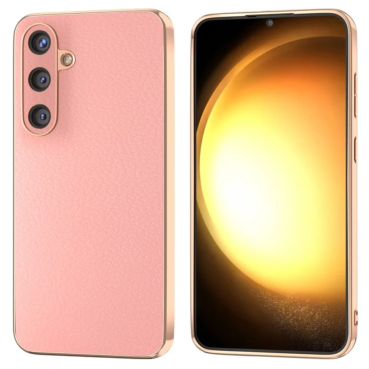 For Samsung Galaxy S24 Electroplating Cases Genuine Cow Leather+TPU+PC Phone Cover - Pink