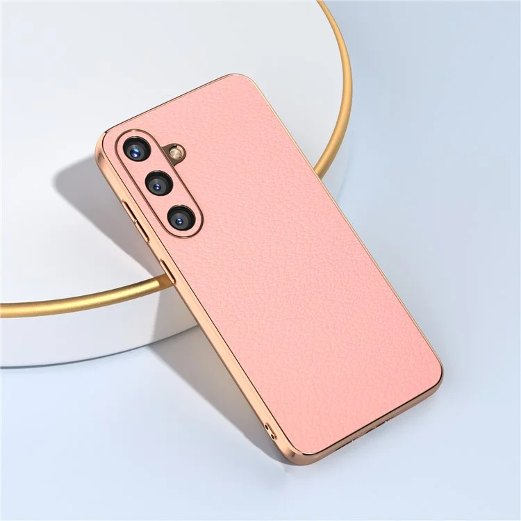 For Samsung Galaxy S24 Electroplating Cases Genuine Cow Leather+TPU+PC Phone Cover - Pink