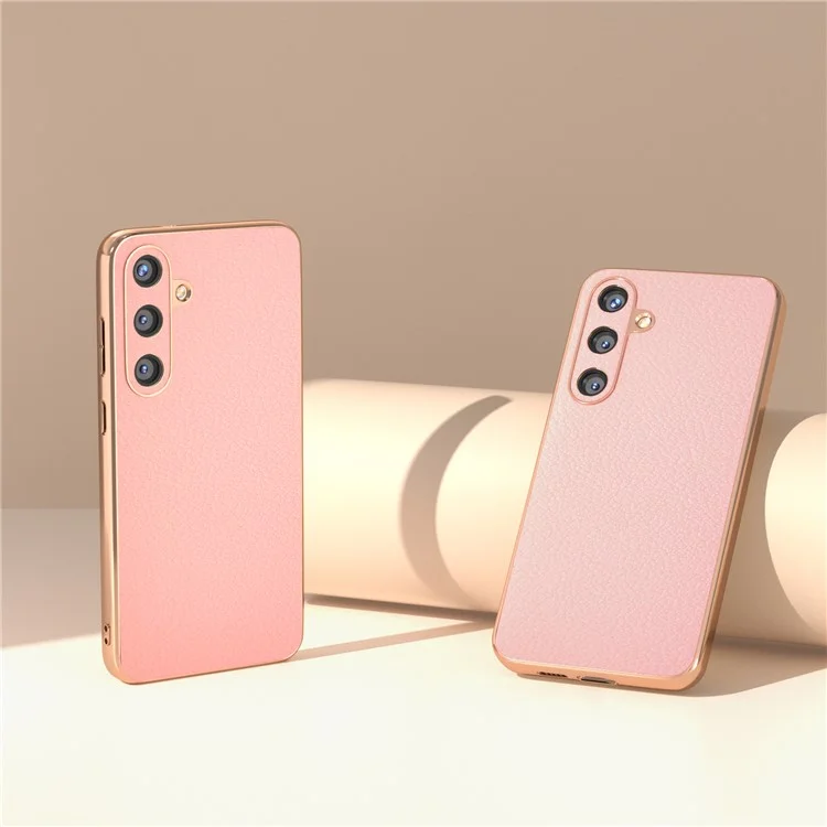 For Samsung Galaxy S24 Electroplating Cases Genuine Cow Leather+TPU+PC Phone Cover - Pink