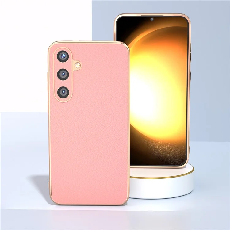 For Samsung Galaxy S24 Electroplating Cases Genuine Cow Leather+TPU+PC Phone Cover - Pink