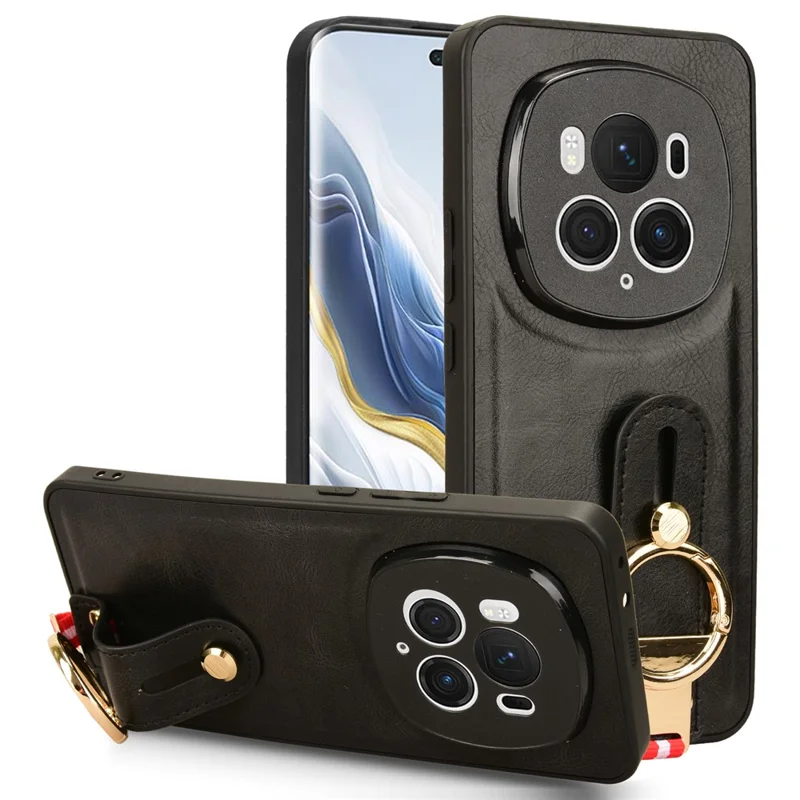 For Honor Magic6 Pro 5G Case Wristband Kickstand Phone Back Cover with Bottle Opener Ring - Nero