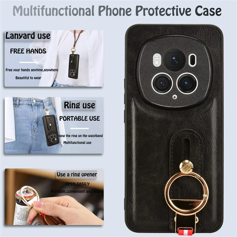 For Honor Magic6 Pro 5G Case Wristband Kickstand Phone Back Cover with Bottle Opener Ring - Nero