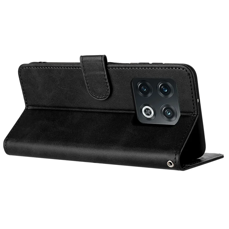 For OnePlus 10 Pro 5G Case TPU+PU Leather Flip Stand Cover Cell Phone Shell with Strap - Black