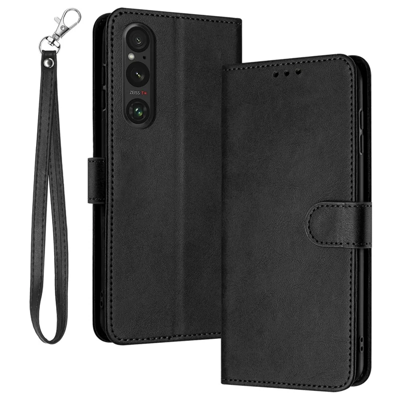 For Sony Xperia 1 VI Cover with Strap PU Leather Flip Stand Protective Cover Pure Color Wallet - Black