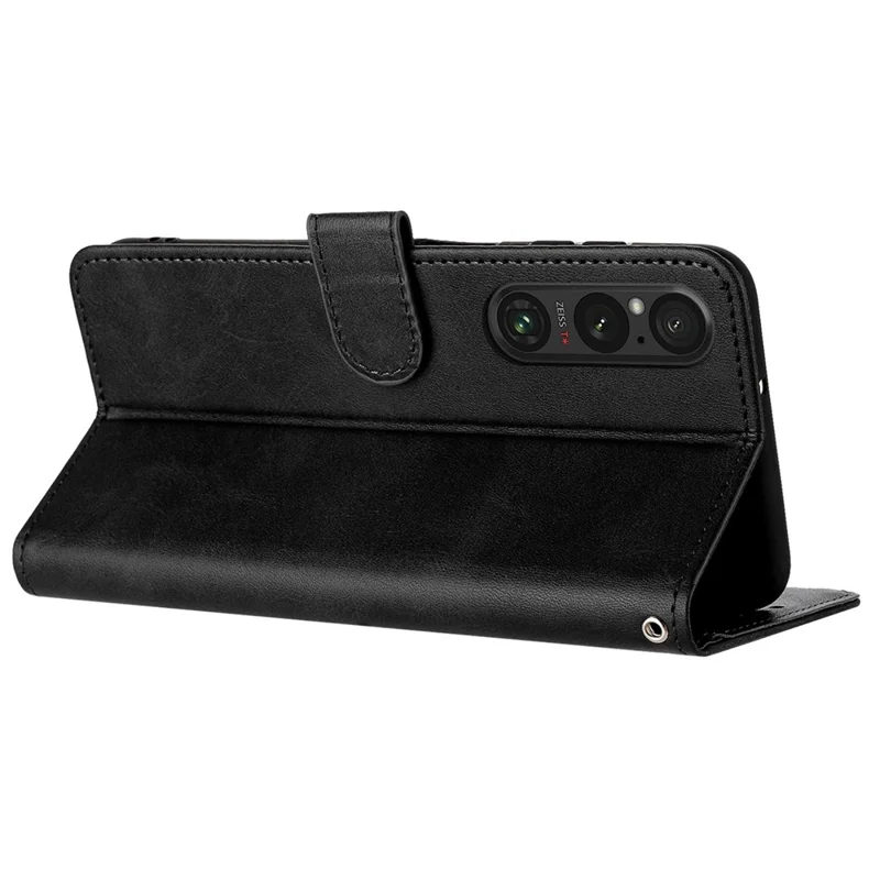 For Sony Xperia 1 VI Cover with Strap PU Leather Flip Stand Protective Cover Pure Color Wallet - Black