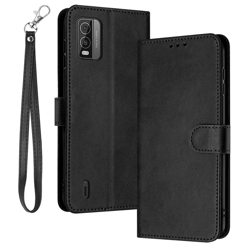 For Nokia C210 Case Leather Stand Wallet Anti-fall Phone Cover with Wrist Strap - Black