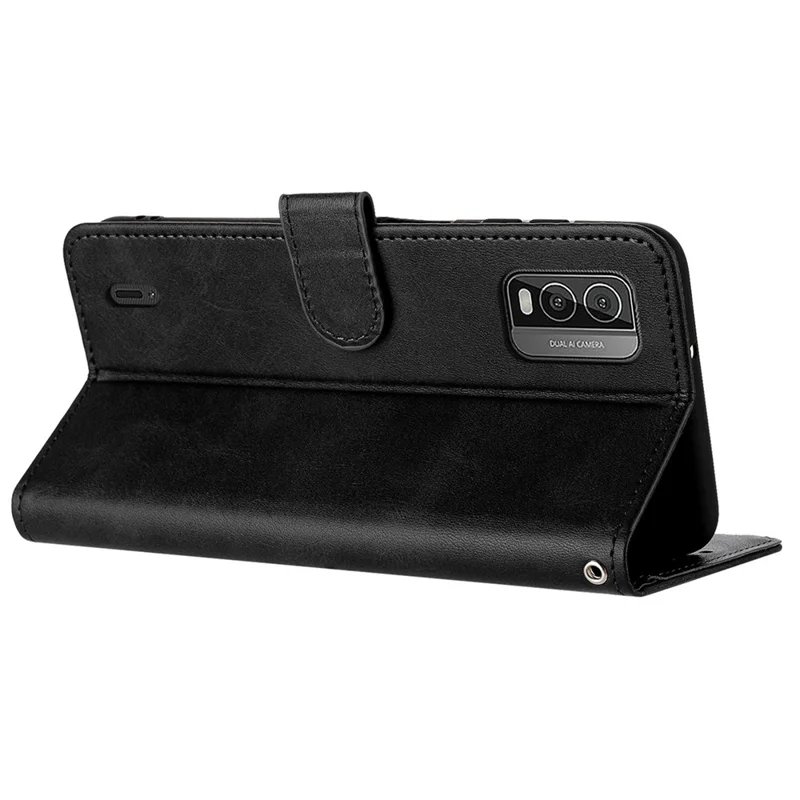For Nokia C210 Case Leather Stand Wallet Anti-fall Phone Cover with Wrist Strap - Black