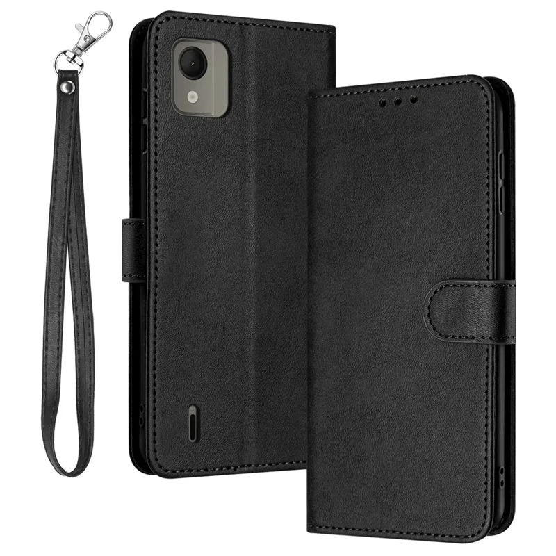 For Nokia C110 Case Leather Drop Protection Wallet Stand Cover with Strap - Black