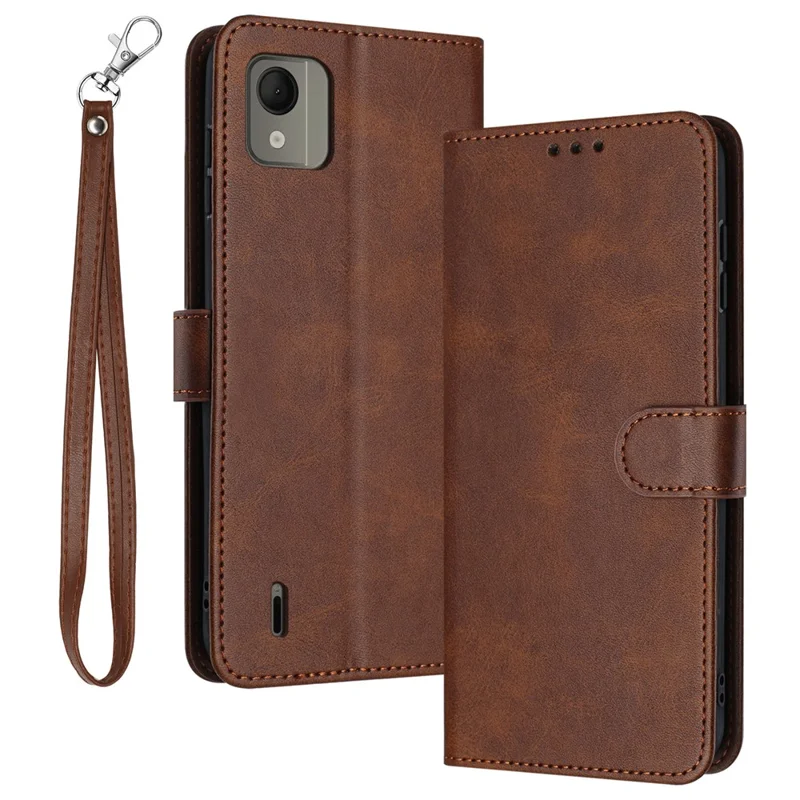 For Nokia C110 Case Leather Drop Protection Wallet Stand Cover with Strap - Brown