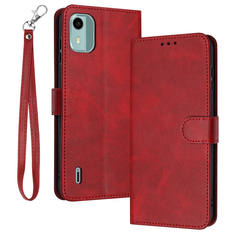 For Nokia C12 4G / C12 Pro / C12 Plus Cases Calf Texture PU Leather + TPU Cell Phone Cover with Strap - Red