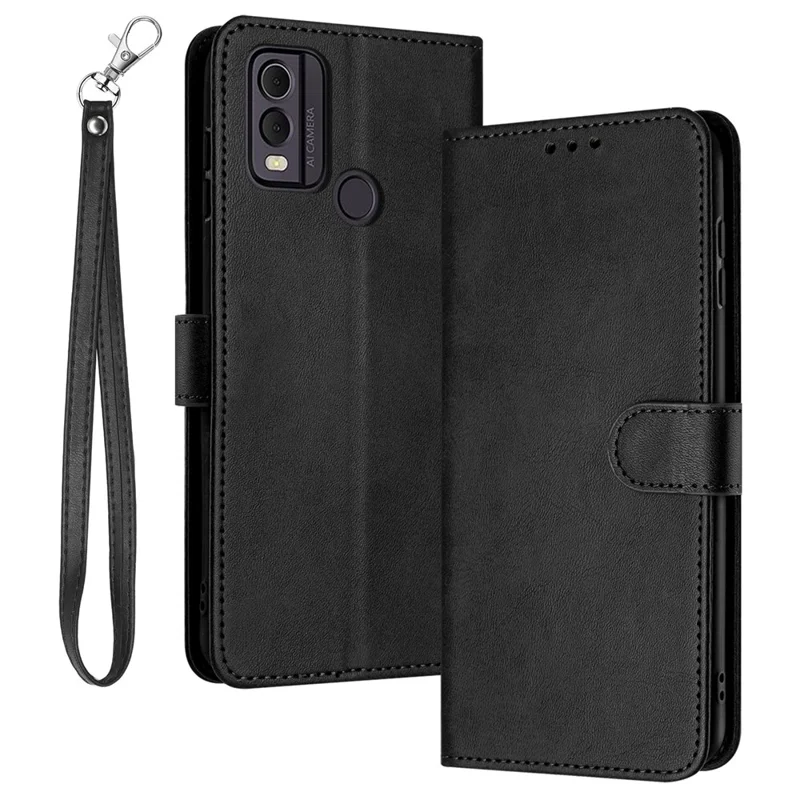 حالة هاتف محمول لنوكيا C22، غطاء مصنوع من جلد PU بلون سادة مع حامل قابل للطي ومحفظة مع حزام - أسود