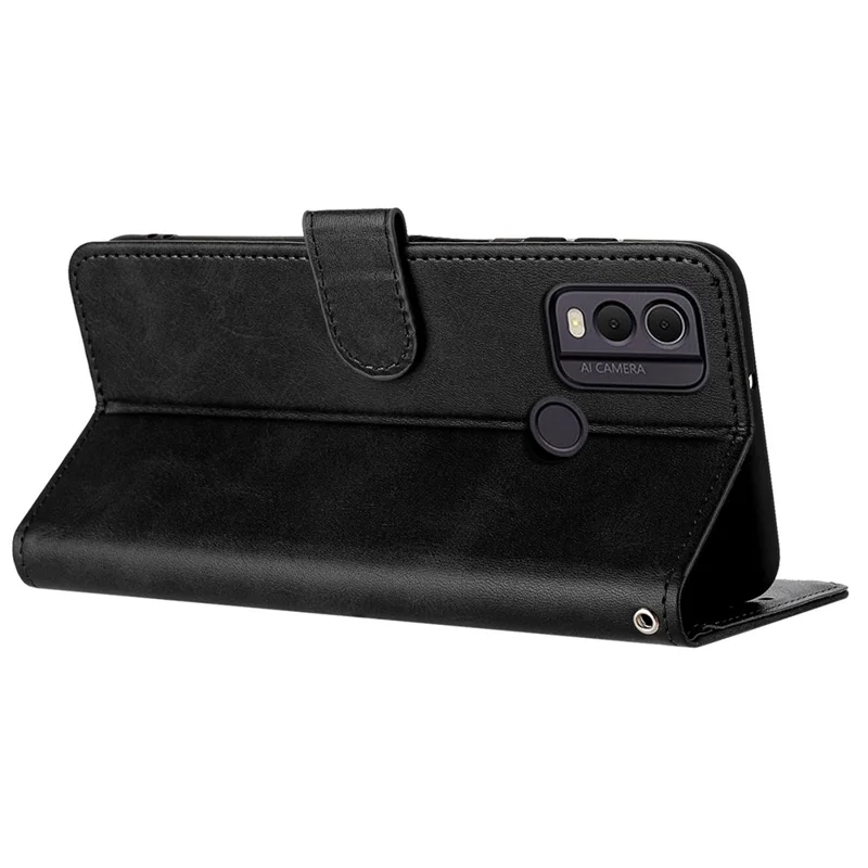 حالة هاتف محمول لنوكيا C22، غطاء مصنوع من جلد PU بلون سادة مع حامل قابل للطي ومحفظة مع حزام - أسود