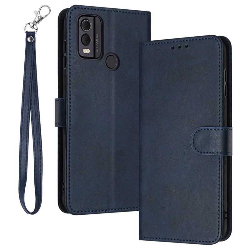 For Nokia C22 Cell Phone Case Solid Color Flip Stand PU Leather Wallet Cover with Strap - Sapphire