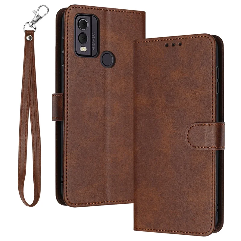 For Nokia C22 Cell Phone Case Solid Color Flip Stand PU Leather Wallet Cover with Strap - Brown