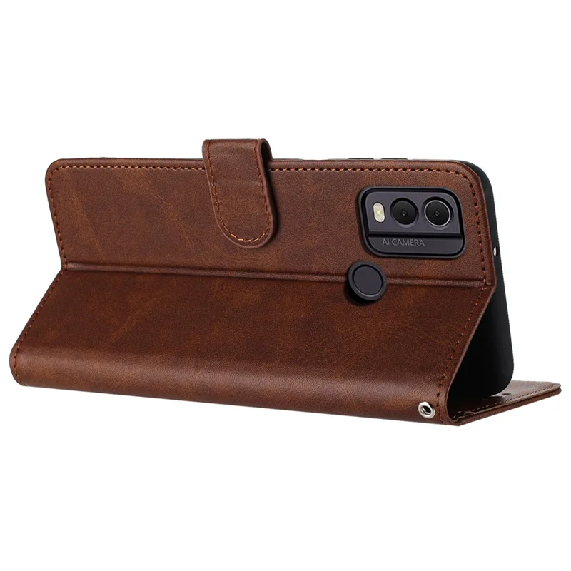 For Nokia C22 Cell Phone Case Solid Color Flip Stand PU Leather Wallet Cover with Strap - Brown