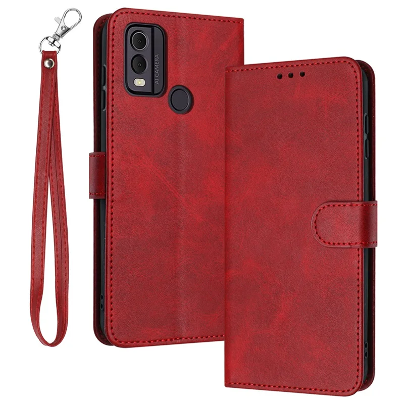 For Nokia C22 Cell Phone Case Solid Color Flip Stand PU Leather Wallet Cover with Strap - Red