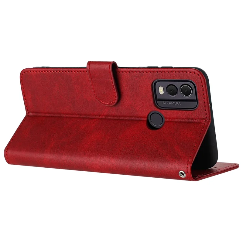For Nokia C22 Cell Phone Case Solid Color Flip Stand PU Leather Wallet Cover with Strap - Red