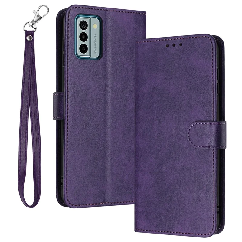 For Nokia G22 Cell Phone Cover Calf Texture PU Leather + TPU Case with Wrist Strap - Purple