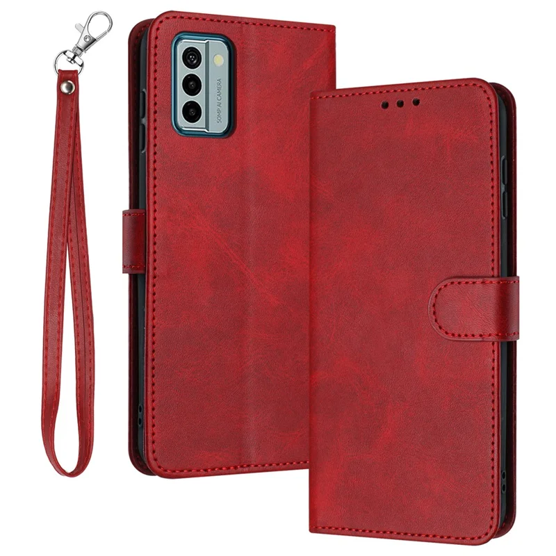 For Nokia G22 Cell Phone Cover Calf Texture PU Leather + TPU Case with Wrist Strap - Red