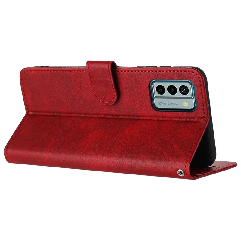For Nokia G22 Cell Phone Cover Calf Texture PU Leather + TPU Case with Wrist Strap - Red