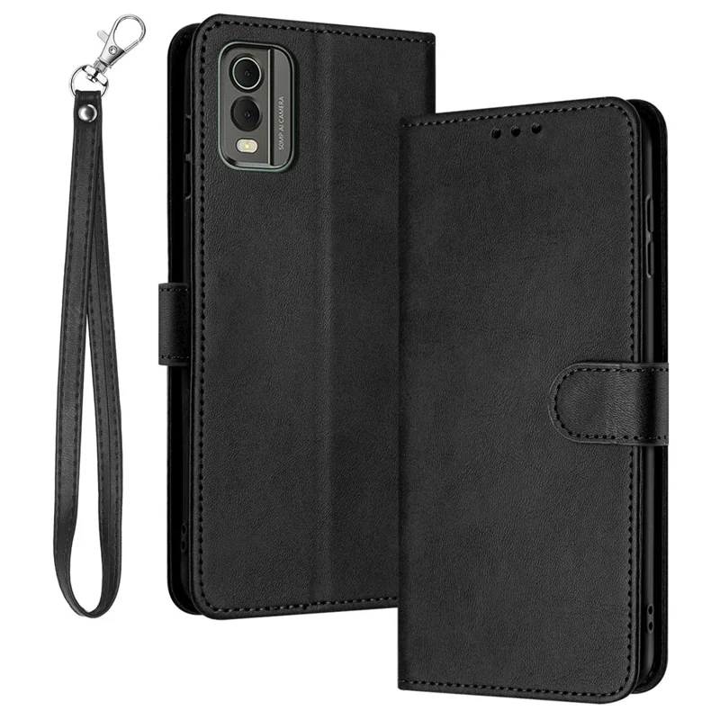 För Nokia C32 (TA-1534) Kalvstruktur PU-läder + TPU-hölse med rem - Svart