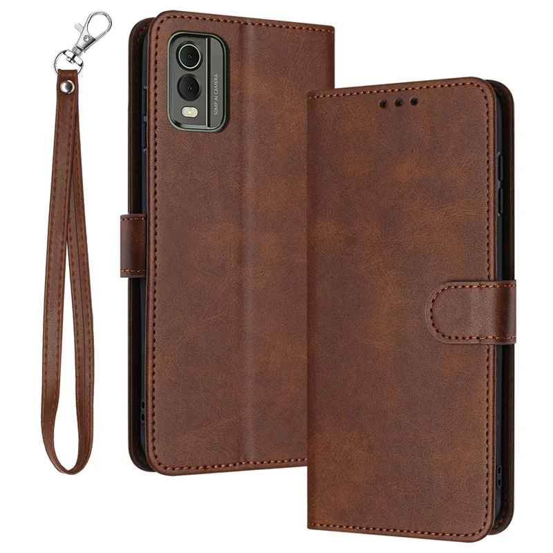 For Nokia C32 (TA-1534) Calf Texture PU Leather + TPU Case Phone Cover with Strap - Brown