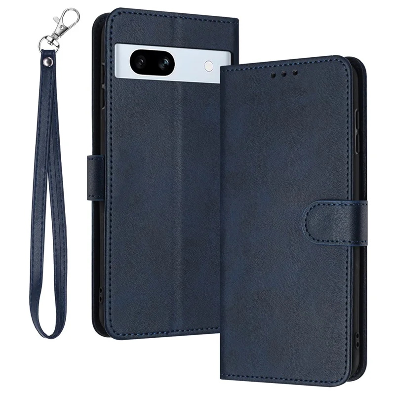 For Google Pixel 7a Drop Protection Case Calf Texture Phone Cover with Strap - Sapphire