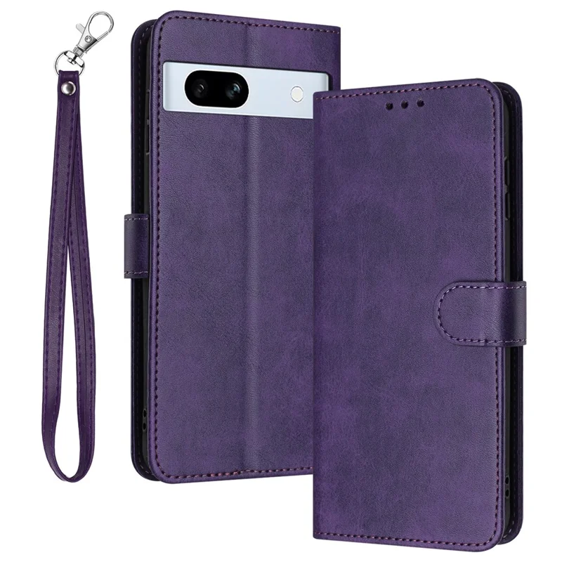 For Google Pixel 7a Drop Protection Case Calf Texture Phone Cover with Strap - Purple