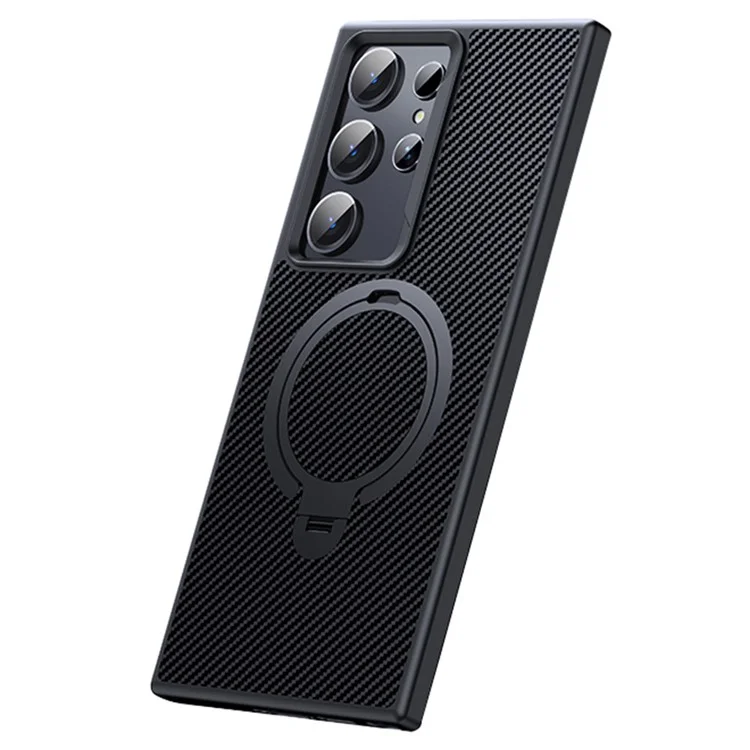 Funda compatible con Samsung Galaxy S23 Ultra con textura de fibra de carbono, soporte y protección PC+TPU - Negro